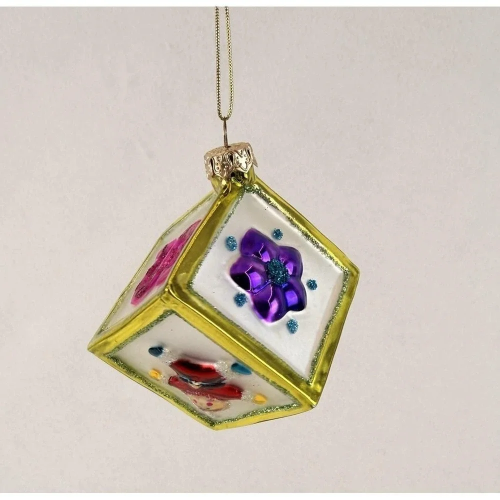 Vintage Hand Blown Glass Cube Christmas‎ Ornament Raised Applied Decoration